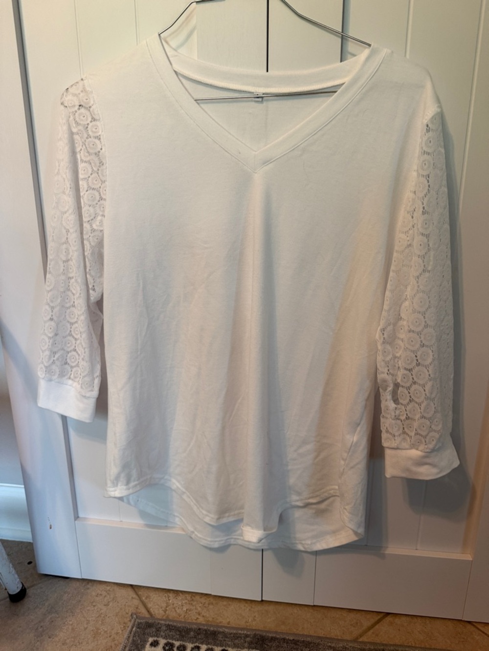 Women's White Lace-Sleeve V-Neck Top